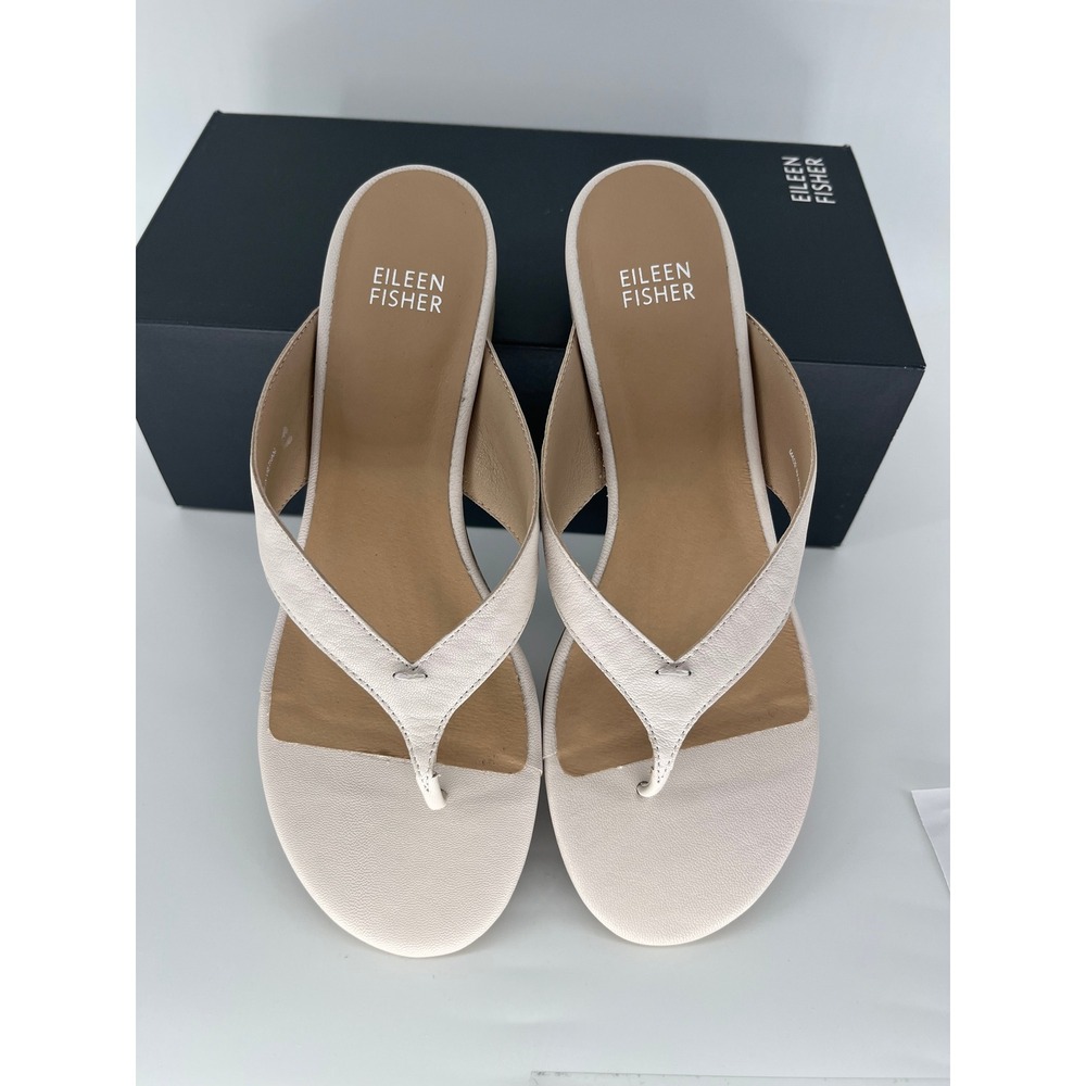 EILEEN FISHER Erika Almond Tumbled Leather Thong Wedge Sandals Size 9M